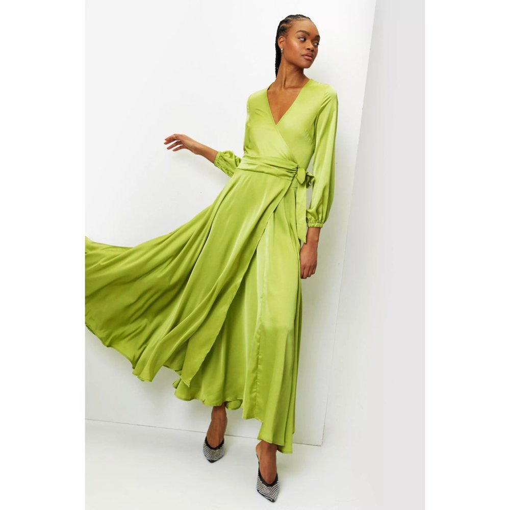 Nasty Gal Satin Balloon Sleeve Wrap Maxi Dress Size 4 Avocado Green